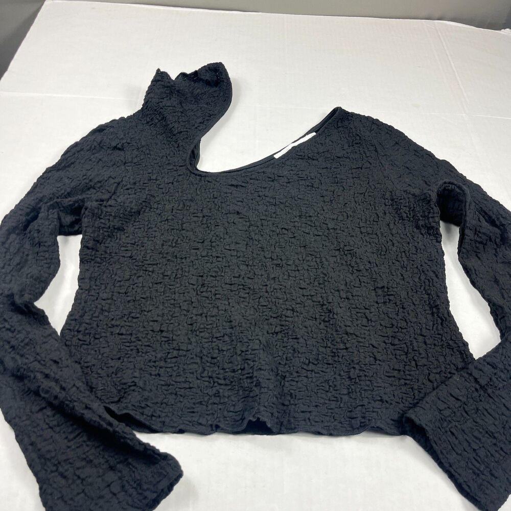 ASTR The Label Crinkle Top Black Asymmetric Y2K Long Sleeve Stretch Shirt XL - Picture 2 of 11